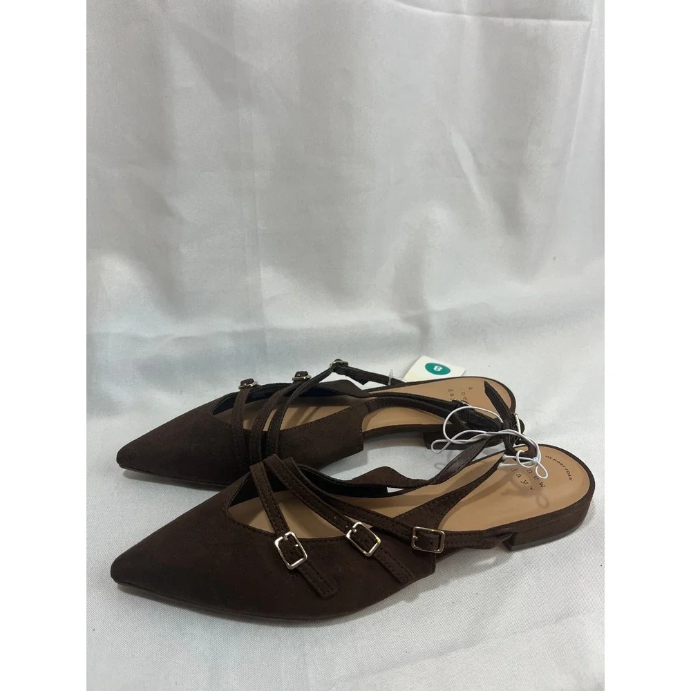 A New Day Womens Brown Faux Suede Pointed Toe Buckle Slingback Flats Size 8 NEW